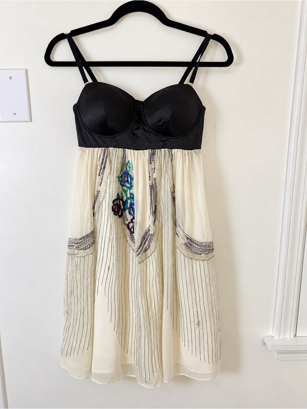 Vintage Y2K GUESS Jeans Silk Embroidered Bustier Dress Black Ivory size 3